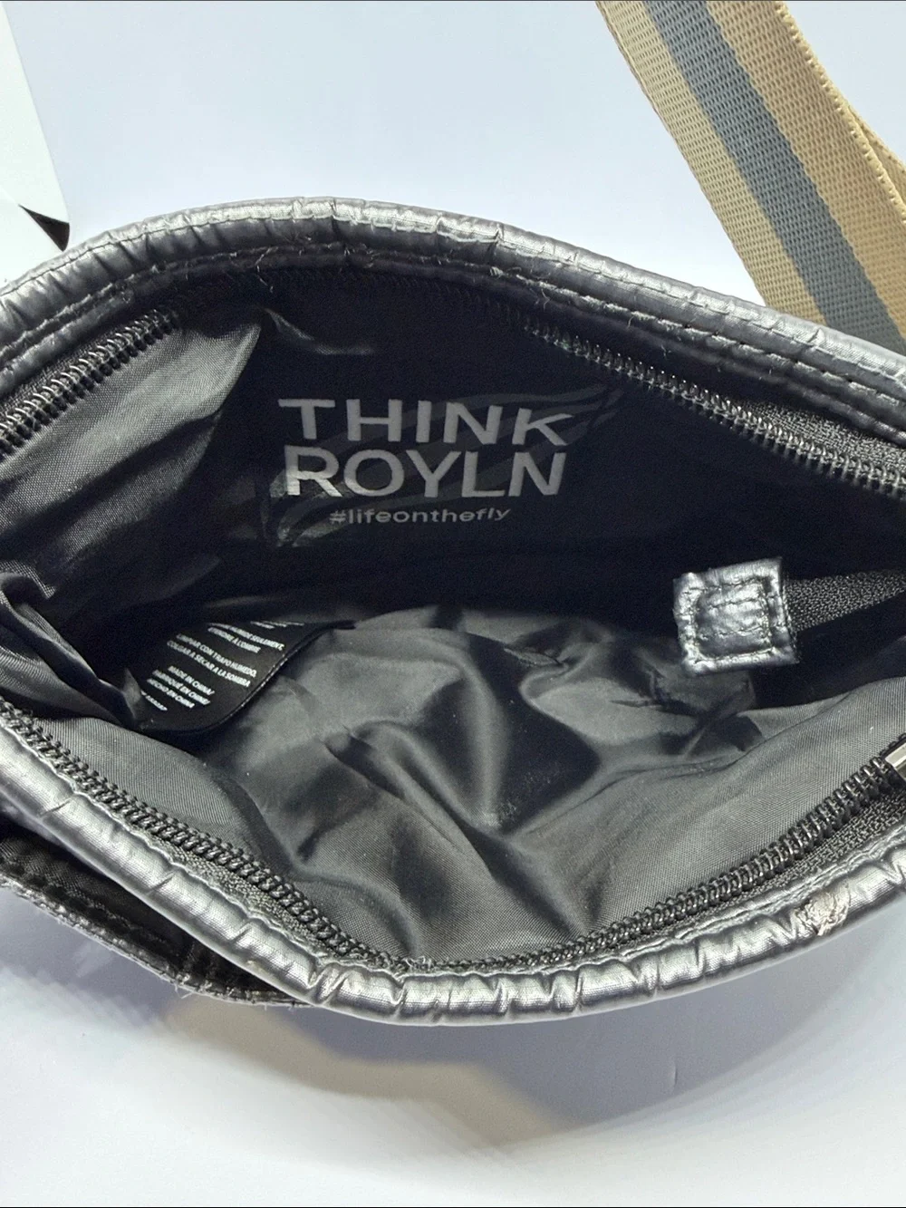 THINK ROYLN Gray Quilted Messenger Bag with Striped Tan Strap